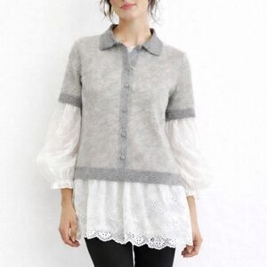 Wool Jumper VINCE Merino Wool Cardigan Sweater Short Sleeves Gray Oatmeal